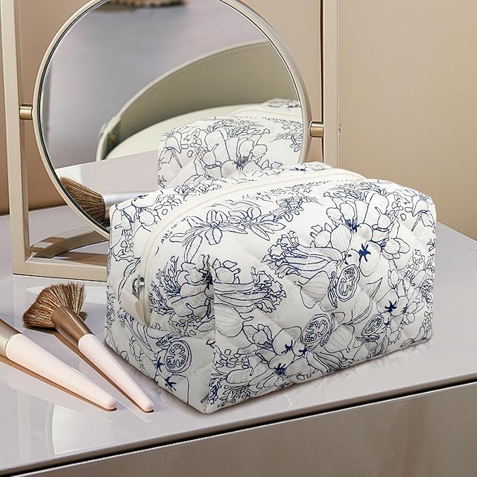 Quilted Makeup Bag,Small Travel Floral Cosmetic Bag Cute Pouch,Cotton Makeup Brushes Storage Bag for Women