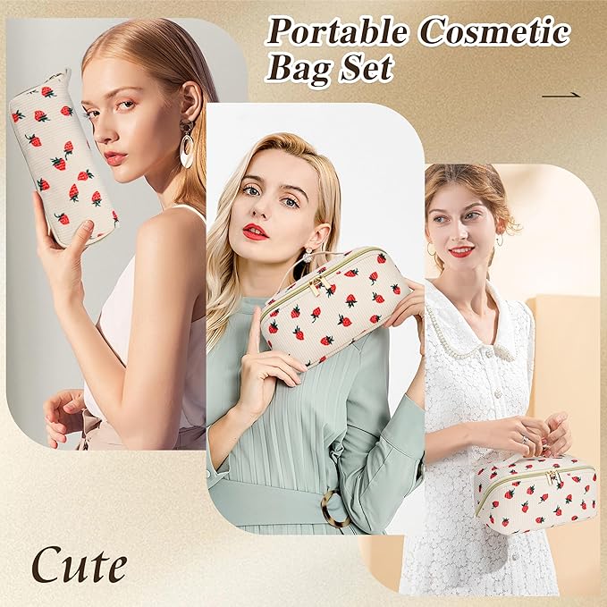 Travel Makeup Bag Set, 2Pcs Large Capacity Flower Make up Bag Quilted Cosmetic Bag for Girls, Cherry Cute Travel Toiletry Bag for Women Wide Open Floral Cotton Stuff Bag Skin Care Bag
