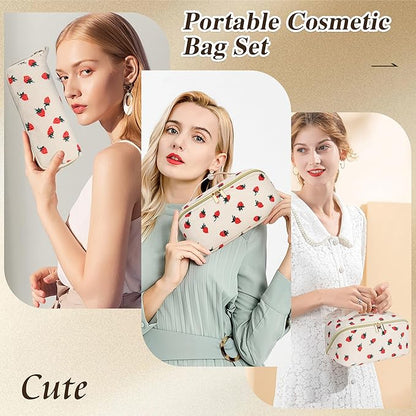Travel Makeup Bag Set, 2Pcs Large Capacity Flower Make up Bag Quilted Cosmetic Bag for Girls, Cherry Cute Travel Toiletry Bag for Women Wide Open Floral Cotton Stuff Bag Skin Care Bag