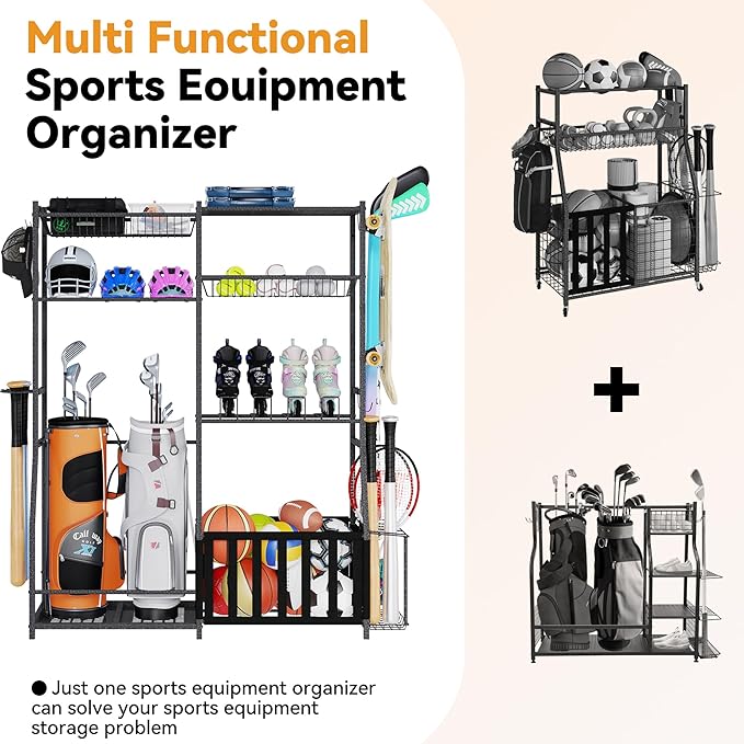 HOMREST Sports Equipment Storage,2 Golf Bag Storage Stand, Ball Holder, Garage Sports Organizer with Basket and Hooks, Sports Ball Storage for Toy Sports Gear Storage, Black
