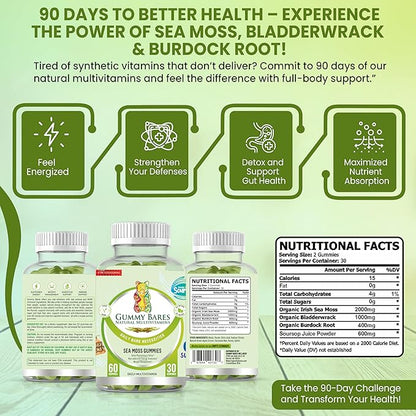 Sea Moss, Bladderwrack, Burdock Root & Soursop Gummies | Immune Support, Joint Inflammation Support, Energy Boost, 0g Sugar | Vegan, 60 Count