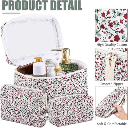 Paterr 3 Pieces Cotton Quilted Makeup Bag Set Coquette Cosmetic Bag Aesthetic Travel Toiletry pouch Cute Pouch Kawaii Aesthetic for Women(Red,Red Floral)