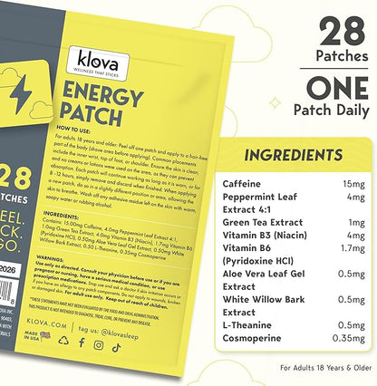 Klova Energy Patches with Caffeine, Green Tea Extract, Peppermint Leaf Extract, Vitamin B3 and Vitamin B6 - for Enhanced Morning Wakefulness