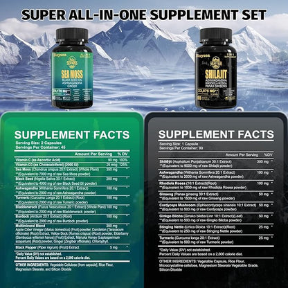 Boysea.Shilajit and Sea Moss Bundle - Sea Moss (7000mg), Ashwagandha (2000mg), Black Seed Oil (4000mg), Ginger & Shilajit (9000mg), Rhodiola Rosea (1000mg) – 90 Count (1 Pack)