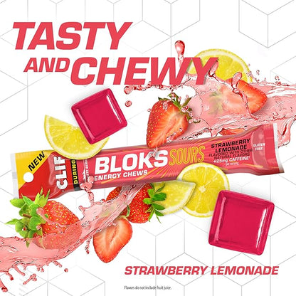 Clif Bloks Sours - Strawberry Lemonade Flavor with Caffeine - Energy Chews - Non-GMO - Plant Based - Fast Fuel for Cycling and Running - Quick Carbohydrates and Electrolytes - 2.12 oz. (18 Count)