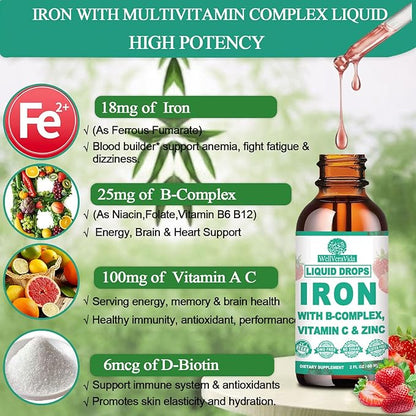 [𝟐 𝐏𝐚𝐜𝐤]Iron supplement for Women, Men & Kids, Liquid High Potency Iron w. Vitamin C, B12, B-Complex, Blood Builder Iron Supplements for Anemia, Fatigue, Red Blood Cell Support, Vegan, Gentle