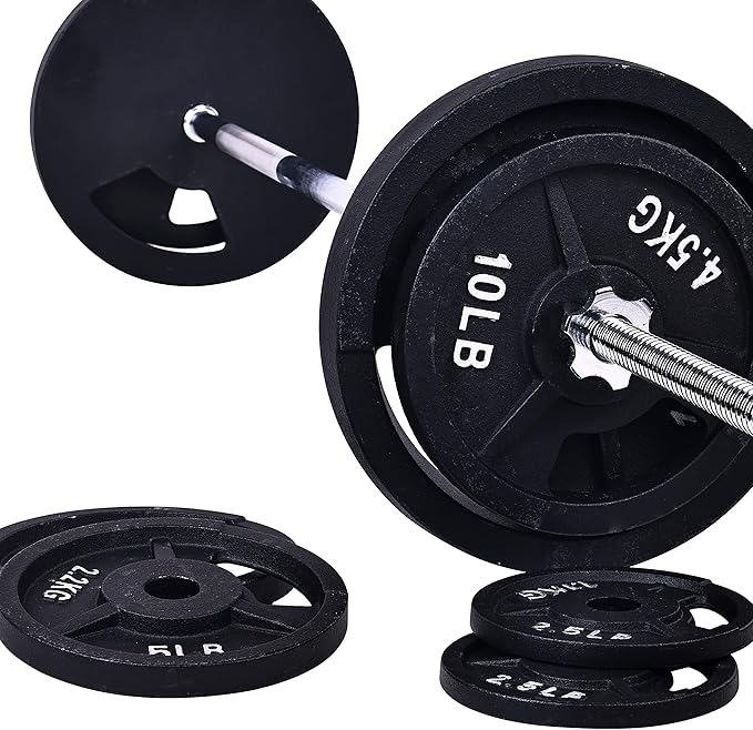 Signature Fitness Cast Iron Standard Weight Plates Including 5FT Standard 95-Pound Set (85 Pounds 10 Pounds