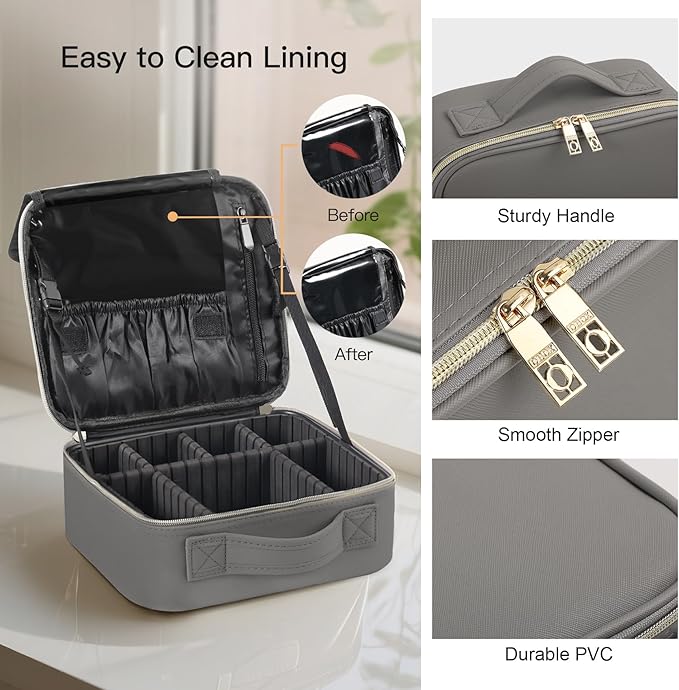 Portable Makeup Organizer, 10 Inch Makeup Organizer Bag with Compartment and Dividers, Makeup Bag with Brush Storage Sturdy Dual Zip Closure, Gift for Her, Grey