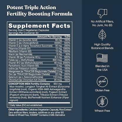 Conception For Him – Fertility Supplements for Men, Male Fertility Support & Prenatal – Optimal Sperm Count, Motility Strength – Ashwagandha, Folate Folic Acid, Magnesium, Zinc – 120 Veg Soft Capsules