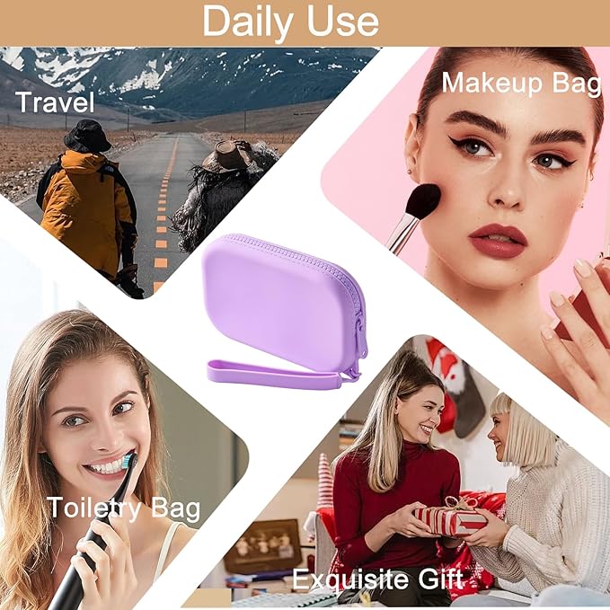 Portable Silicone Makeup Bag for Women, Small Travel Waterproof Toiletry Cosmetic Bag, Zipper Closure Organizer Makeup Case with Handle (Purple)