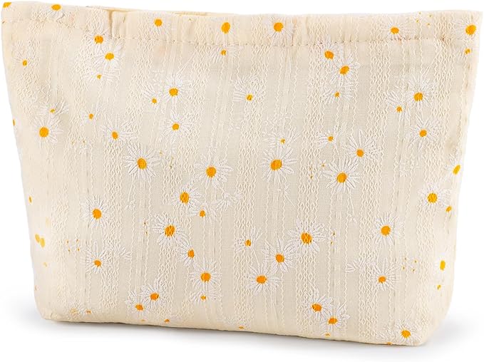 Daisy Flower Makeup Bag Travel Large Floral Cosmetic Bags for Women Cute Makeup Pouch Zipper Cosmetic Pouch for Purse Aesthetic White Makeup Organizer Bag Portable Toiletry Bag