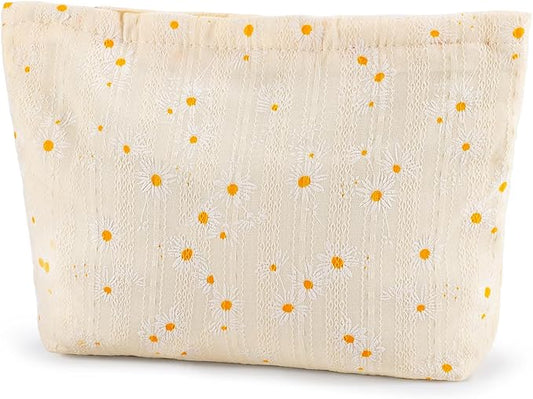 Daisy Flower Makeup Bag Travel Large Floral Cosmetic Bags for Women Cute Makeup Pouch Zipper Cosmetic Pouch for Purse Aesthetic White Makeup Organizer Bag Portable Toiletry Bag