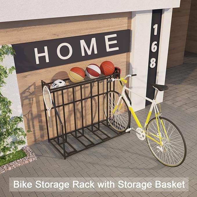 Stand Bike Racks for Garage, 4 Bike Stand Rack with Storage Basket, Metal Floor Bike Parking, Garage Organizer Suitable for Mountain, Hybrid, Adult and Kids Bikes