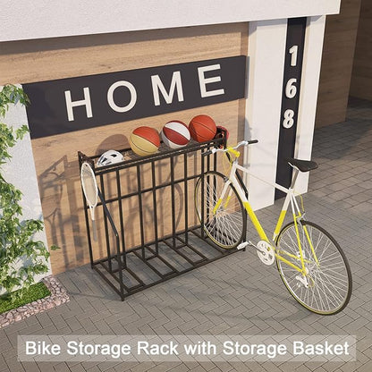 Stand Bike Racks for Garage, 4 Bike Stand Rack with Storage Basket, Metal Floor Bike Parking, Garage Organizer Suitable for Mountain, Hybrid, Adult and Kids Bikes
