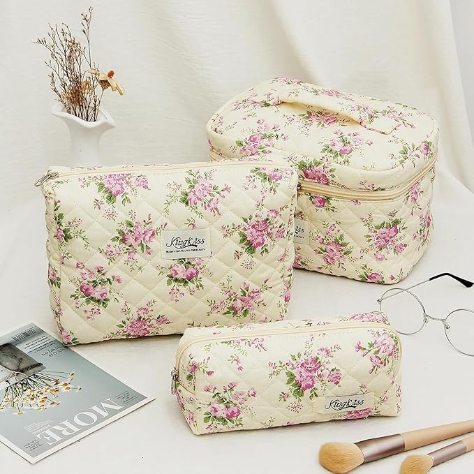 Quilted Makeup Bag Set 3 Pcs Cotton Cute Makeup Bags For Women Large Aesthetic Floral Cosmetic Bag Coquette Flower Makeup Pouch