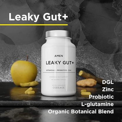 Amen Leaky Gut Supplement - Advanced Formula with Bioavailable L Glutamine, Zinc, Turmeric, DGL Licorice Root - Marshmallow Root - Probiotics & Fermented Prebiotics - Vegan, Non-GMO - 90 Capsules