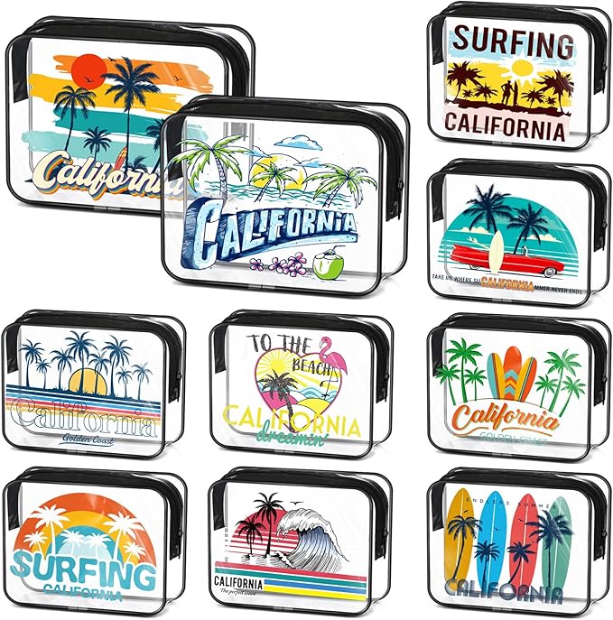 Reginary 10 Pcs California Souvenirs and Gifts Clear Beach Cosmetic Bags PVC Plastic Makeup Bags Waterproof Toiletry Handbags with Zipper Survival Kit Pouch Gifts for Women Travel Summer Vacation