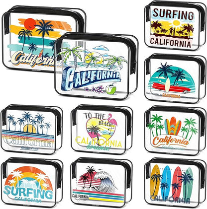 Reginary 10 Pcs California Souvenirs and Gifts Clear Beach Cosmetic Bags PVC Plastic Makeup Bags Waterproof Toiletry Handbags with Zipper Survival Kit Pouch Gifts for Women Travel Summer Vacation
