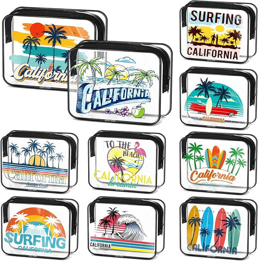 Reginary 10 Pcs California Souvenirs and Gifts Clear Beach Cosmetic Bags PVC Plastic Makeup Bags Waterproof Toiletry Handbags with Zipper Survival Kit Pouch Gifts for Women Travel Summer Vacation