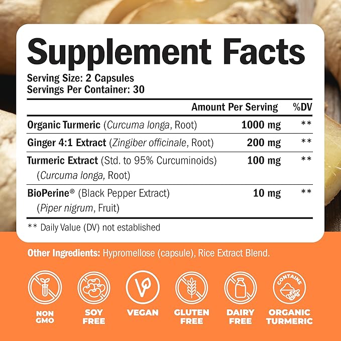 Turmeric Supplement and Ginger Root Joint Support Supplement - Turmeric Curcumin Supplement 95% Curcuminoids. Contains Organic Turmeric with Black Pepper (Bioperine) for Max Absorption. 2 Pack