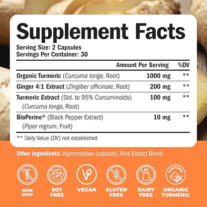 Turmeric Supplement and Ginger Root Joint Support Supplement - Turmeric Curcumin Supplement 95% Curcuminoids. Contains Organic Turmeric with Black Pepper (Bioperine) for Max Absorption. 2 Pack