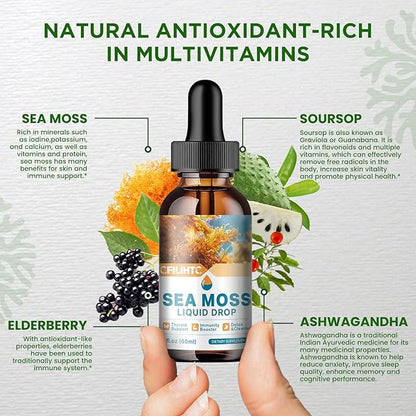 Sea Moss Liquid Drops Supplement, Irish Sea Moss with Soursop Black Elderberry Ashwagandha Burdock Root - Multivitamins Seamoss Liquid Drops Support Antioxidant, Immune, Skin Gut Health, 2 Fl Oz