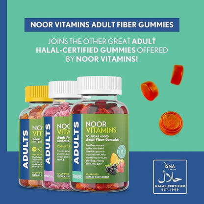 Noor Vitamins Halal Sugar Free Fiber Gummies for Adults with Prebiotic Fiber for Adults; Non-GMO, Vegan Friendly, Gelatin Free, Soluble High Fiber Gummy for Adults, Halal Vitamins - 90 Count