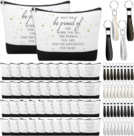 Sanwuta 80 Pcs Inspirational Canvas Makeup Bags Keychains Set Graduation Gifts Teacher Appreciation Gifts Bulk for Employees Women (Be Proud Sign)