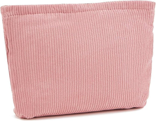WOZEAH Corduroy Makeup Bag for Purse Small Cosmetic Pouch,Stylish Zipper Make up Pouch Travel Canvas Toiletry Bags(Corduroy Pink)