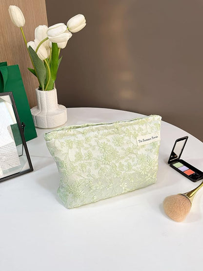 The Summer Swan | Floral Cosmetic Bag｜Large Aesthetic Travel Makeup Bag | Personal Item Bag | Preppy Makeup Pouch | Skincare Bag (Embroidery Green)