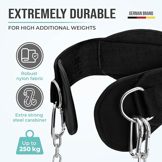 PULLUP & DIP Weightlifting Belt for and additional Strength and Muscle Building, Weight Belt with Steel Chain & 3x Carabiner, Dip Belt for Calisthenics, Weight Training, Training at Home and Bodybuilding