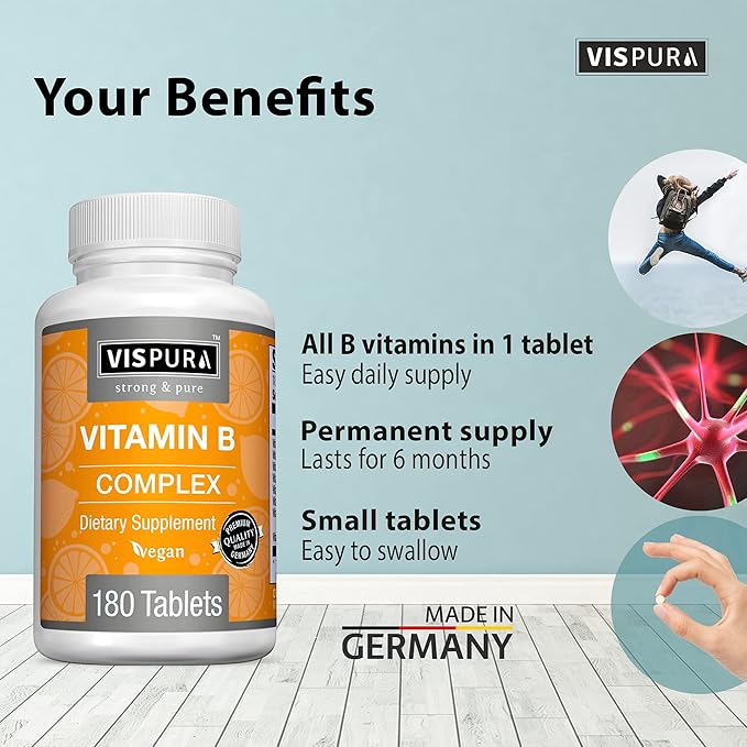 Vitamin B-Complex, 180 Vegan Tablets, All B Vitamins Including B12, B1, B2, B3, B5, B6, B7, B9, Folic Acid, for Stress, Energy and Healthy Immune System*, Natural Supplement Without Additives