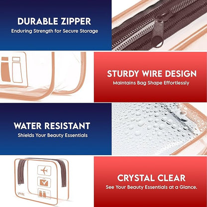 VYRL 3 Pack Clear Makeup Bag - Quart Size 3-1-1 TSA Approved Toiletry Bag with Zipper - Water-Resistant Durable PVC Clear Toiletry Bag for Carry-on Airport Travel Accessories - Rose Gold