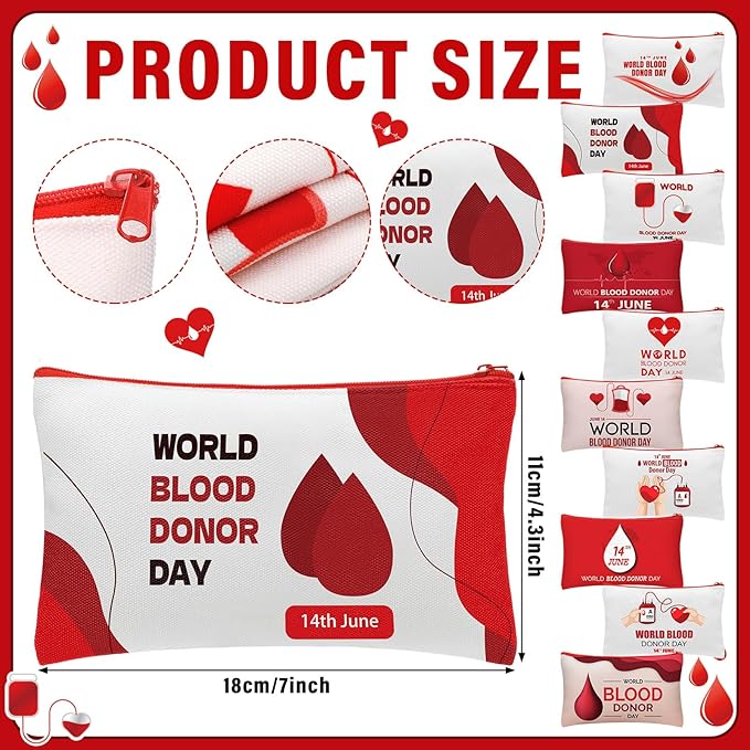 Kacctyen 10 Pcs World Blood Donor Day Appreciation Gifts Makeup Bag Cosmetic Bags Canvas Pouch Bags Portable Blood Donor Pouch Bag Travel Organizer for World Blood Donor Day Charity Giveaways