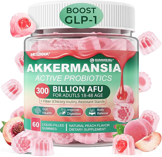 Akkermansia Probiotics Gummies with Prebiotics Fiber, 300 Billion AFU Akkermansia Muciniphila, with Polyphenol Fruits, Resistant Starch, Vitamin A D3 B2 for Metabolism, Digestive & Gut Health, 1Pack