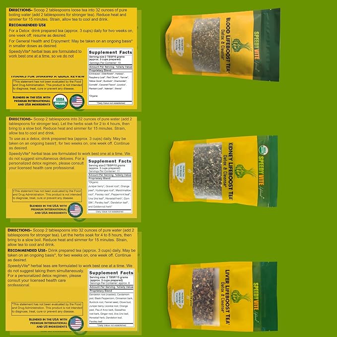 Speedyvite Tea Total Detox & Cleanse Combo: Blood Cleansing Tea 4oz + Kidney Bladder Tea 4oz + Liver Detox Tea 4oz Natural Herbal Supplement