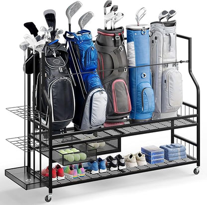 DWVO Golf Bag Organizer for Garage, Golf Storage Organizer w/Wheels for Garage Club and Shed, Golf Bag Storage Rack w/Drawer for Golf Bags, Clubs, Balls and Other Equipment Accessories
