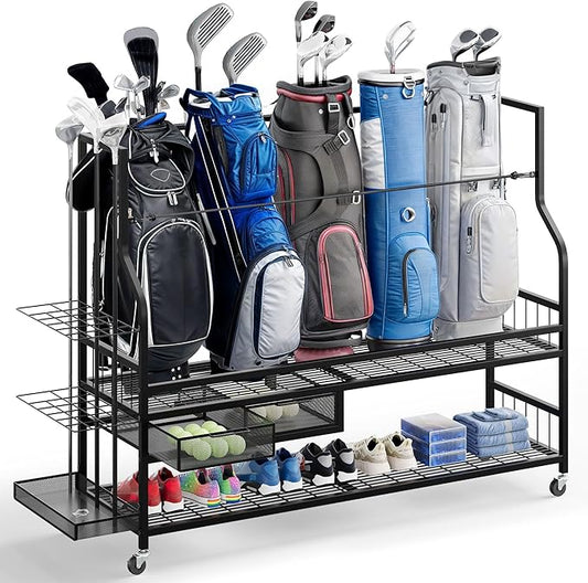 DWVO Golf Bag Organizer for Garage, Golf Storage Organizer w/Wheels for Garage Club and Shed, Golf Bag Storage Rack w/Drawer for Golf Bags, Clubs, Balls and Other Equipment Accessories