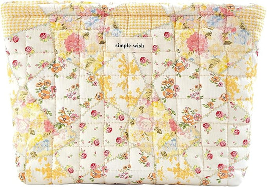 Floral Makeup Bag Large Cotton Quilted Cosmetic Makeup Bag Organizer, Aesthetic Portable Pouch Purse Toiletry Bag for Women Girls Travel accessories (Beige Floral-L)