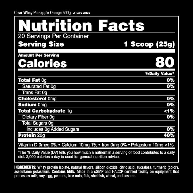 Clear Whey Isolate Protein Powder - Easy to Digest and Mix, 5g BCAA, Deliciously Juicy, Refreshing Anytime Drink for Men and Women, Pineapple Orange 500g (20 Servings)