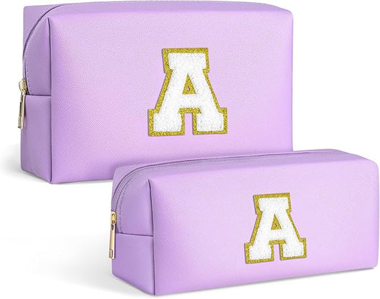 TOPEAST Initial Cosmetic Bag, 2 PCS Makeup Pouch Makeup Organizer Bag PU Leather Chenille Letters Waterproof Travel Toiletry Bag Personalized Birthday Gifts for Mom Grandma, Purple A