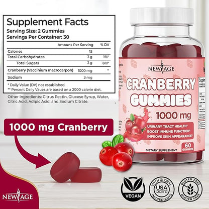 NEW AGE Cranberry Gummies Urinary Tract Health Gummies 1000mg - Supports Bladder, Kidney, UTI - Vegetarian (Cranberry 120 Gummies)