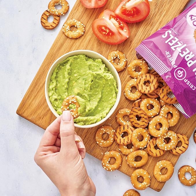 Crisp Power High Protein Pretzel Crisps - 6 Pack x 1.75 oz Crunchy & Flavorful Plant-Based Snack. No Sugar, 28g Protein Per Pack in 3 Savory Flavors, Vegan, Keto Friendly, Non-GMO, Kosher Non-Dairy (1.75 Ounce (Pack of 24), Sesame)