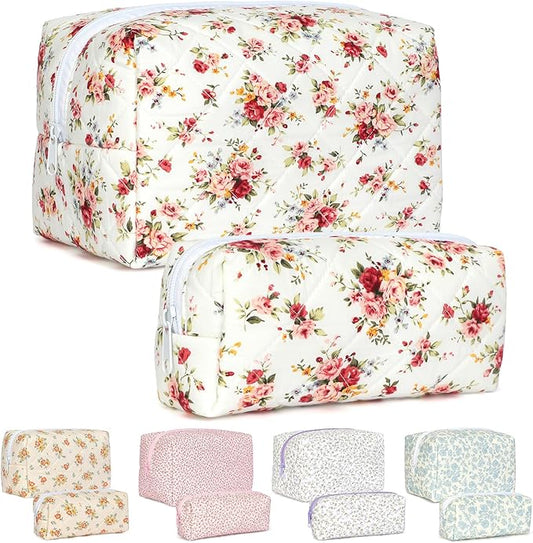 Quilted Makeup Bag Set,Large Floral Cosmetic Pouch For Women,Cute Cotton Brushes Storage Travel Toiletry Organizer Bags(Red Rose)