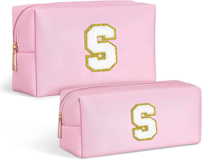 TOPEAST Makeup Bags for Women 2 Pack Personalized Initial Letter Makeup Bag Set, Monogram Cute Makeup Bag PU Leather Waterproof Travel Toiletry Bag Personalized Birthday Gifts For Women, Pink S