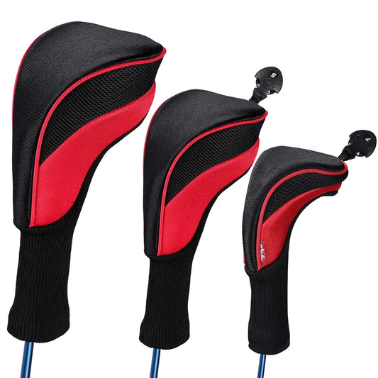 Black Golf Club Head Cover for Driver Fairway 3 Pcs Woods Headcovers, Golf Accessories Hybrid Head Covers Set with Interchangeable Tags 3 4 5 7 X