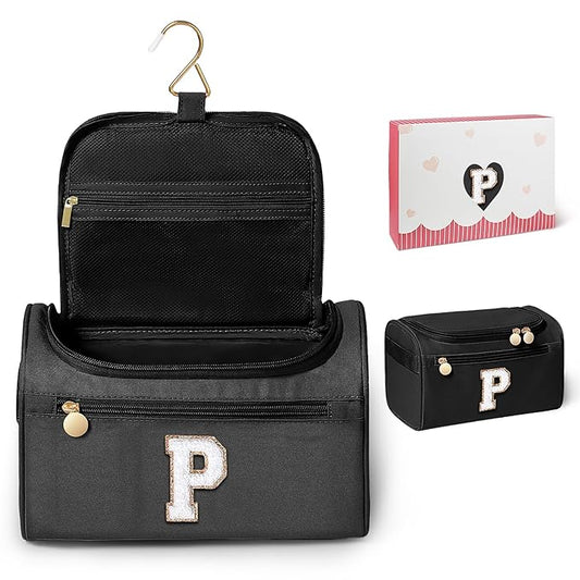COSHAYSOO Summer Birthday Gifts for Women Her Beach Vacation Gift Ideas Personalized Travel Size Toiletries Organizer, Large Hanging Toiletry Bag Skincare Case Waterproof Traveling Black Letter P