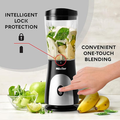 Mueller Smoothie Blender for Smoothies - Personal Blender for Shakes, Frozen Drinks, Baby Food & More, 15oz Travel Cup and Lid, Durable Stainless Steel Blades for Powerful Blending Performance, Black