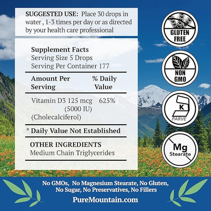 Pure Mountain Botanicals Liquid Vitamin D Drops - Unflavored Kosher D3 Liquid Drops in MCT Oil - 5000IU per Serving - 1oz Bottle