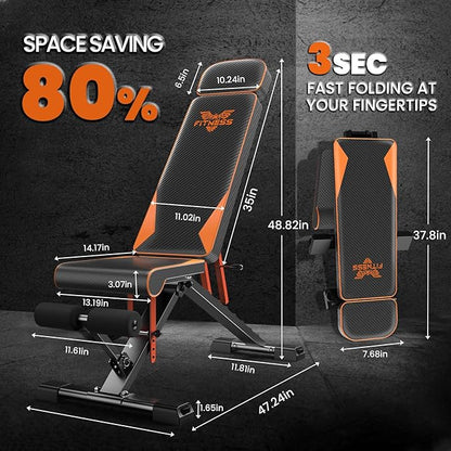 naspaluro Adjustable Weight Bench for Home Gym Foldable 880LB Incline 3-Sec Folding